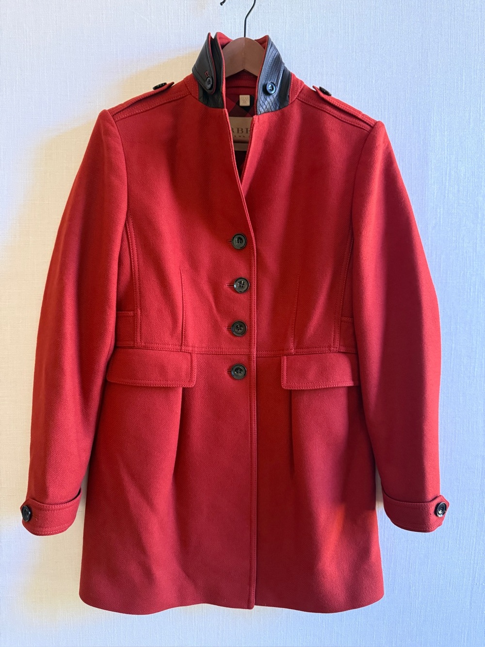 BURBERRY BRIT Red Wool Leather Collar Military Coat US 8 - Picture 4 of 16